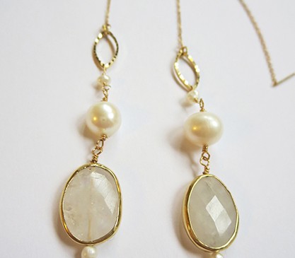 Blue moon stone & Fresh water pearl earrings with K14GF 4