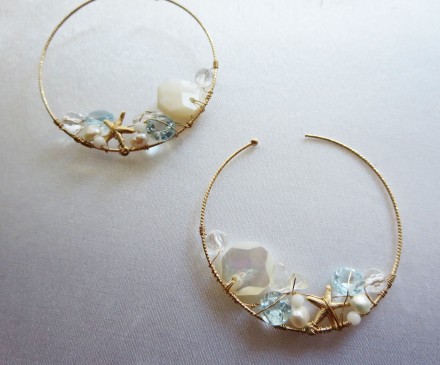 White shell & Sky blue topaz earrings with K10 Yellow Gold 1